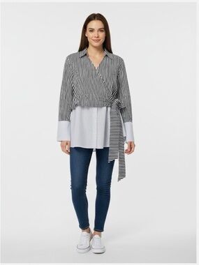 project RUNWAY Navy & White Striped Wrap-Front Button Down Shirt